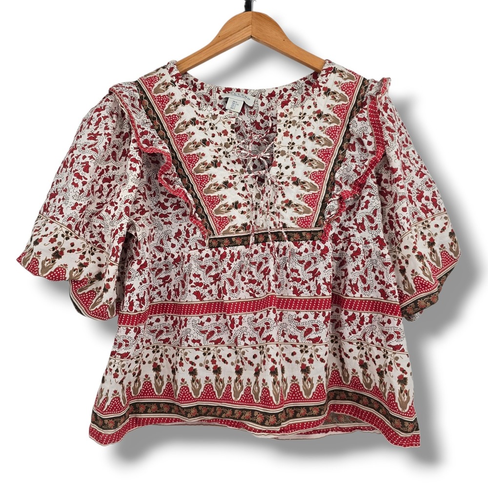 Calypso St Barth Red Paisley Cotton Lace Up Ruffle Boho Blouse Top Large L